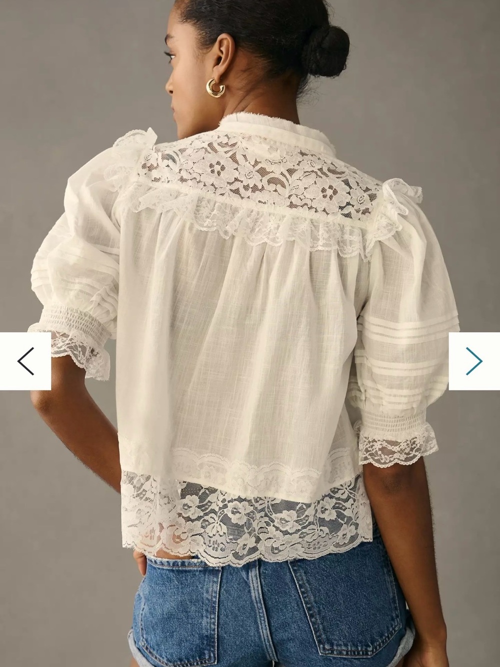 Anthropologie Cream Lace-Trim Puff Sleeve Blouse - Picture 2 of 12
